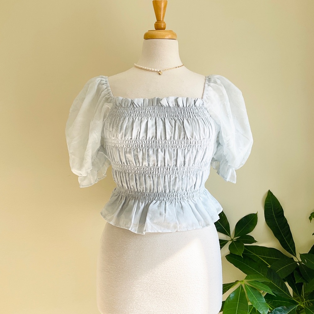 Smocked Square-Neck Puff Sleeve Top in Light Blue